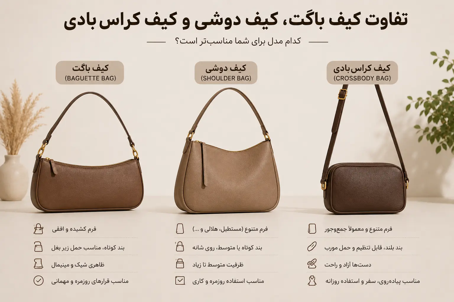 کیف باگت (Baguette Bag) چیست و چه تفاوتی با کیف دوشی و کراسبادی دارد؟ 3 کیف باگت