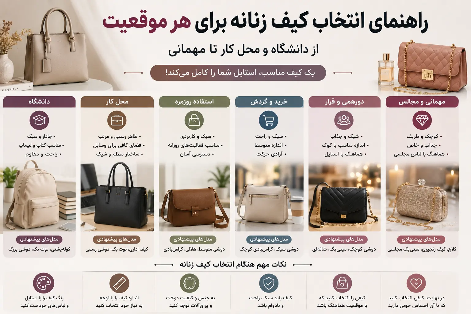 راهنمای انتخاب کیف زنانه برای هر موقعیت؛ از دانشگاه و محل کار تا مهمانی